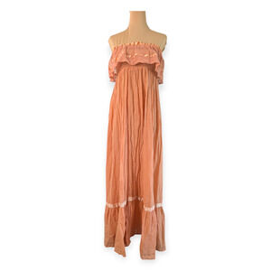 Vintage 70s Festival Maxi Gown ~ Apricot Ruffle Strapless